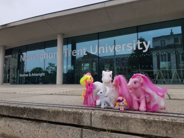 My little ponies lined up outside Newton building for UK PonyCon